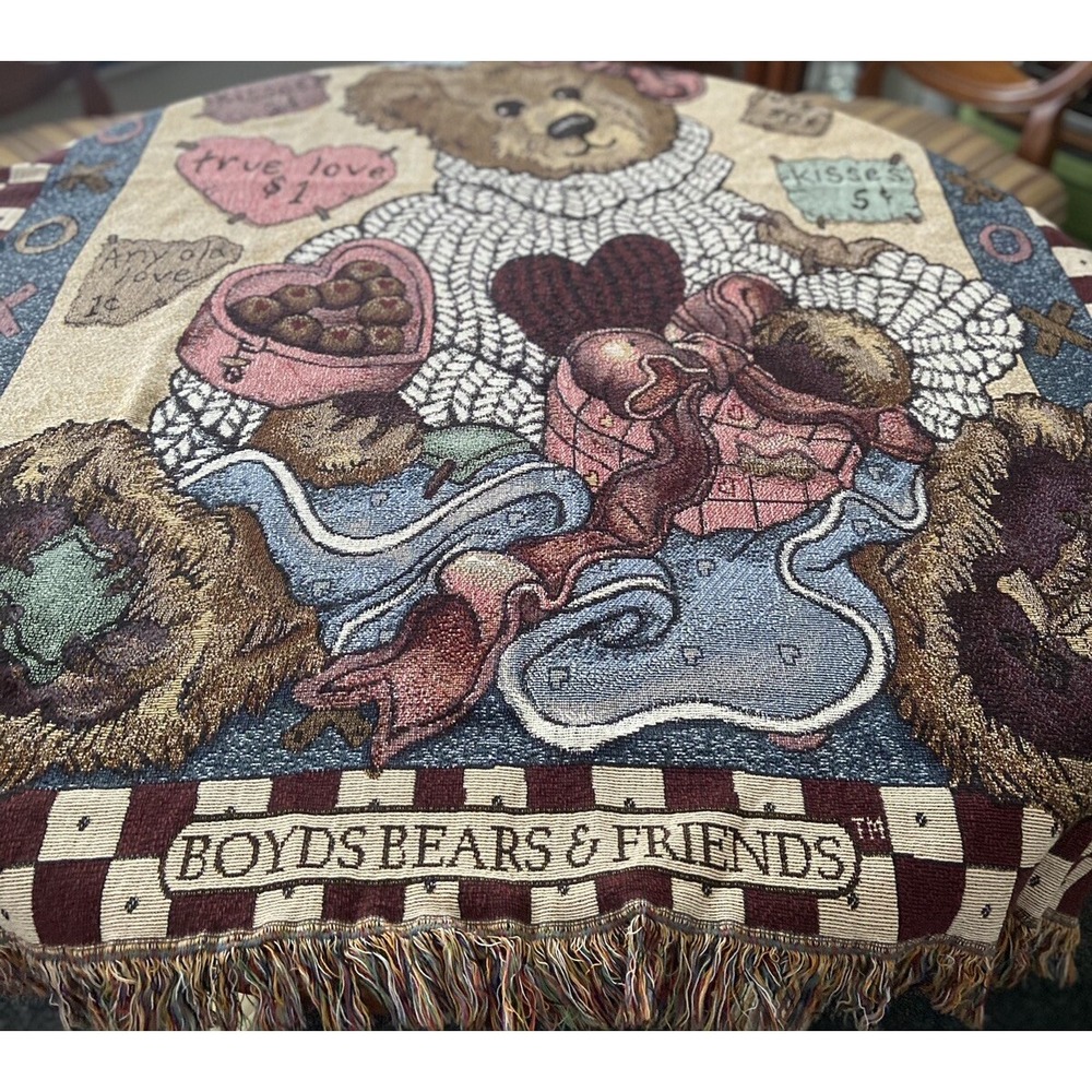 Boyds Bears LOVE CONQUORS ALL Throw Blanket Tapestry Fringed 46"x 64" NICE